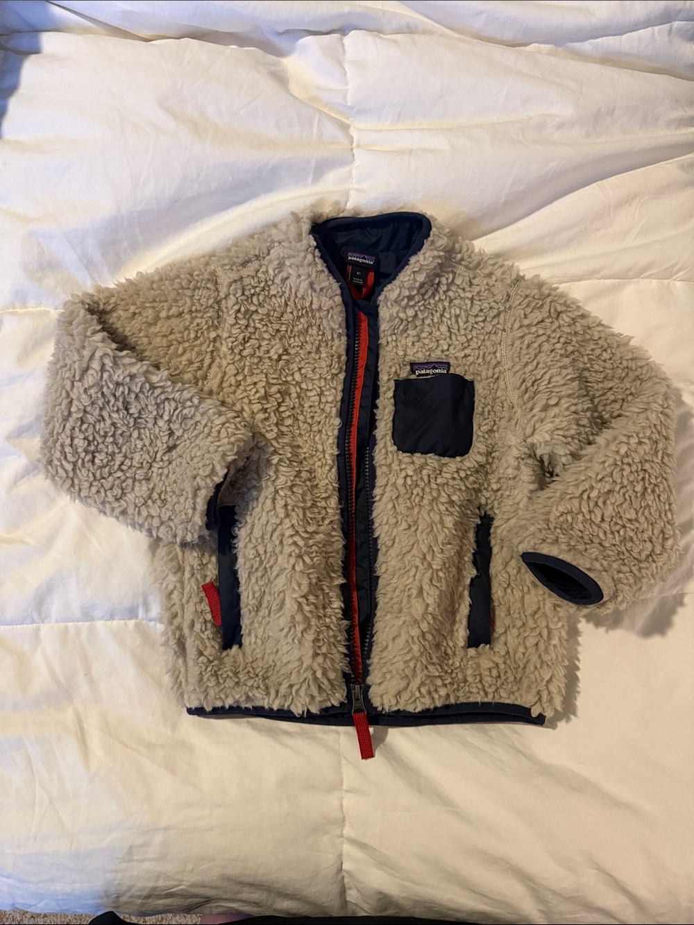 Patagonia Kids Pile Fleece Jacket in Cream with Navy Trim